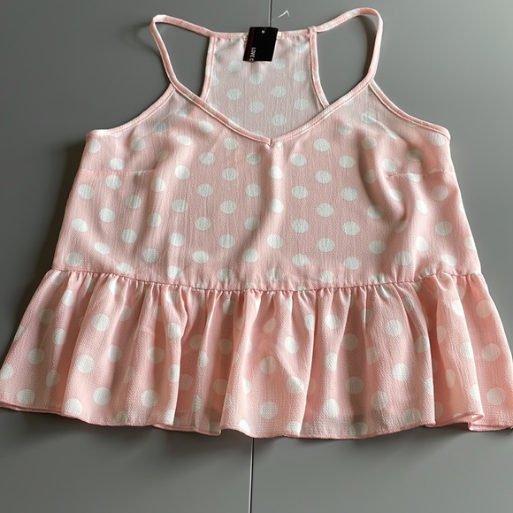 NWT Love Culture Spaghetti Strap Pink and White Polka Dot Peplum V-Neck Size M - Picture 7 of 11